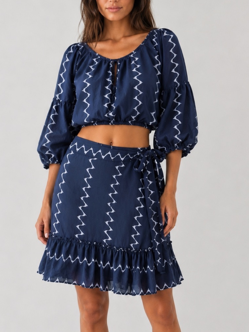 Apiece Apart Blue Silk Wrap Skirt And Puff Sleeve Top Skirt Set Size 4
